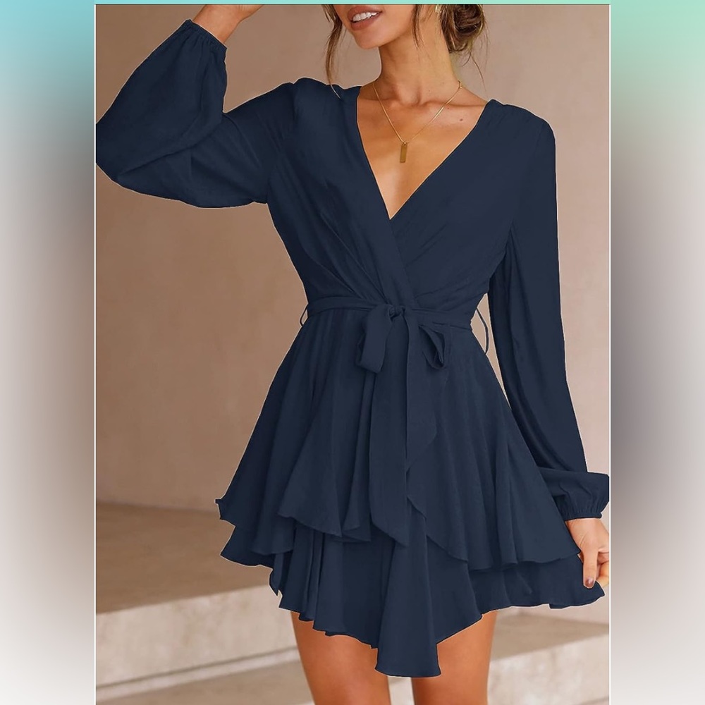 Ferlema Women's Sexy V Neck Ruffle Long Sleeve Tie Waist A-Line Mini Swing Dress